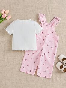 SHEIN 2 pezzi Outfit casual e alla moda per bambine, stile coreano minimalista, include: Maglietta a girocollo a costine bianca a maniche corte + Pantaloni salopette con stampa a farfalla a righe rosa in tessuto tessuto, adatto per uscite quotidiane estive, scuola, shopping, viaggi, picnic, parchi divertimento e altre occasioni - Rosa - Visualizzare 4
