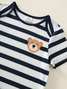 SHEIN 3pcs/Set Baby Boy/Girl Cute Knitted Elastic Bear Print & Striped Short Sleeve Rompers, Basic Bodysuits, Spring/Summer - Multicolor - View 6