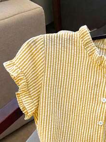 Franclia Women's Striped Print Ruffle Front Button Casual Short Sleeve Shirt - Yellow - View 3