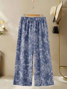 Lacomfia Bộ 2 món nữ cổ tròn tay dài dáng rộng ống rộng họa tiết in casual thoải mái size lớn - Xanh đậm - Xem 7