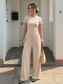 SHEIN 2pcs/Set Textured Fabric Teen GirlStand Collar Short Sleeve T-Shirt + Casual Pants - Khaki - View 4