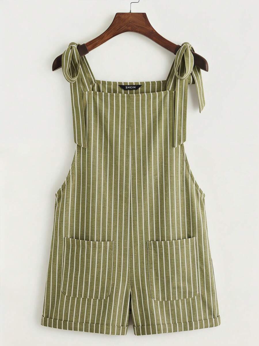 SHEIN EZwear 休闲简约度假波西米亚风优雅复古深绿色条纹印花图案女式衬衫,适合办公室、通勤、音乐节、海滩、夏季穿着,系带口袋拼接连体裤 - 彩色 - 查看 1