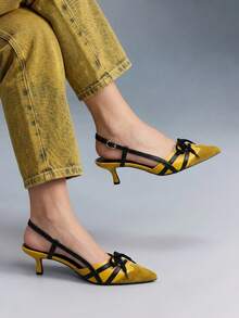 CUCCOO GRLICON Yellow Color Matching Pointed Back Empty Kitten Heels, French Retro Bow Stiletto Commuter Shoes For Women - Yellow - View 6