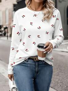 EMERY ROSE Große Größen Langarm T-Shirt, Kirschblüten Muster Design, lässig vielseitig für den täglichen Gebrauch, Herbst - Verschiedenfarbig - Übersicht 4