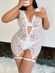 SHEIN 两件套加大码性感蕾丝撞色网纱内衣套装 - 白色 - 查看 5