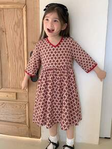 Dazy Kids 女童菱格格紋對比飾邊領時尚洋裝 夏季 - 玫瑰紅 - 查看 3