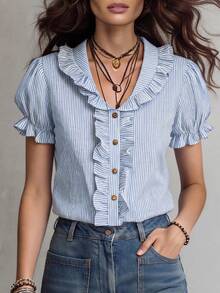 Solivie Women's Comfortable French Style Cute Elegant Ruffle Blue And White Striped Stripe Blouse Brunch Date Work Summer Tea Party Brunch Summer - Blue and White - View 8