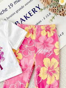 SHEIN 女婴碎花短袖T恤和碎花喇叭裤套装 - 彩色 - 查看 5