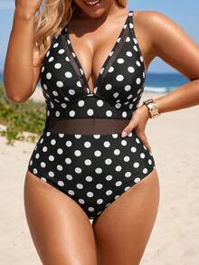 Swim Lushoire Lässiger Urlaubs-Minimalist Einteiliger Badeanzug mit Schwarz-Weiß Punktemuster und Mesh-Einsätzen in Große Größen - Schwarz und Weiss - Übersicht 3