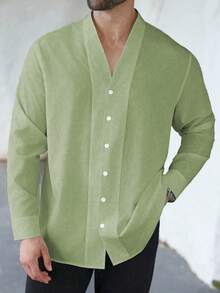 Manfinity Homme Plus Size Men's Casual Solid Color Front Button Long Sleeve Shirt, Summer - Green - View 5
