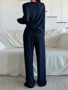 DAZY Minimalist Solid Color Soft Knit Women Pajama Set - Navy Blue - View 2