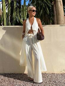 DAZY Women's Solid Color Long Slit Camisole & Wide Leg Pants Two Pieces Set, Elegant Summer Vacation Outfit - Apricot - View 7