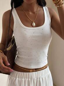 DAZY Women's Rhinestone Decor Fitted Basic Sports Camisole - White - View 5