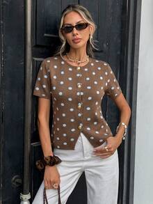 Serisse Women's Contrast Polka Dot Print Short Sleeve Knit Top - Brown - View 3