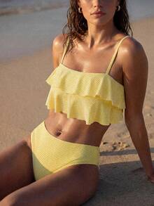 Swim Chiccia Conjunto de bikini de mujer con volantes y rayas para playa de verano - Amarillo - Ver 1