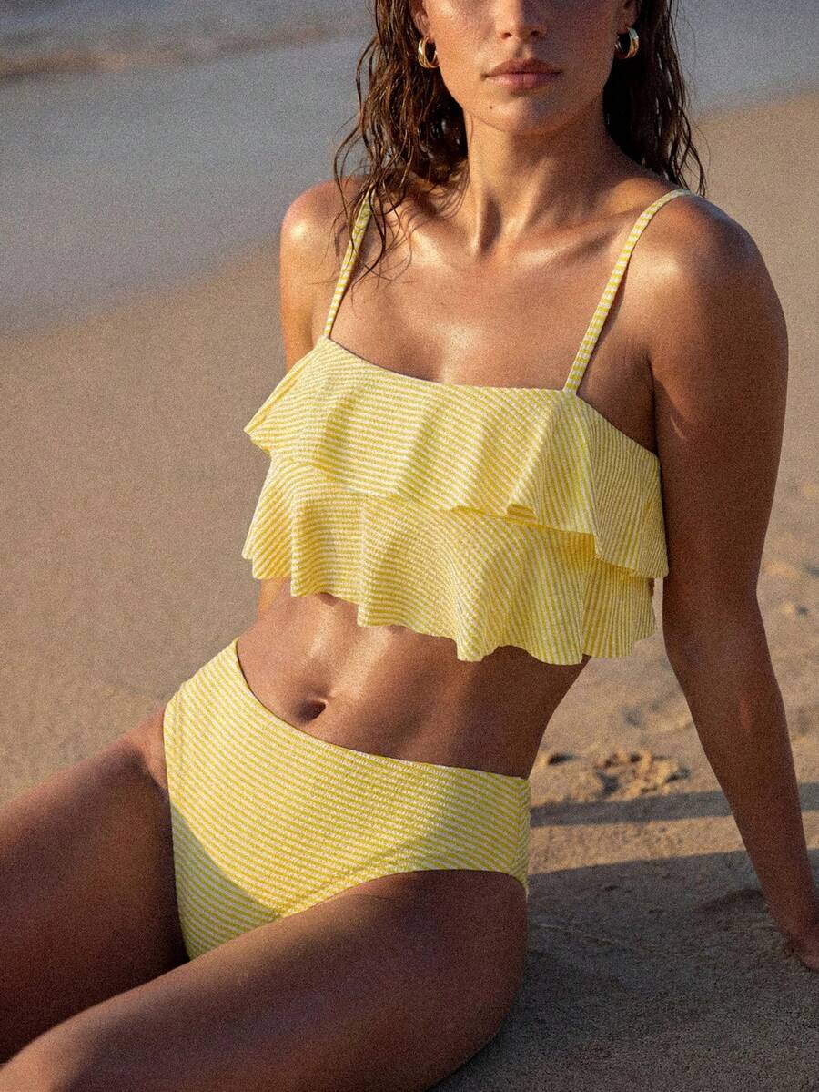 Swim Chiccia Conjunto de bikini de mujer con volantes y rayas para playa de verano - Amarillo - Ver 1
