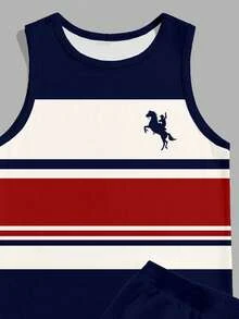 Azurnel Men's Retro American Colorblock Striped Casual Fitted Tank Top & Shorts Set, Holiday - Navy Blue - View 4