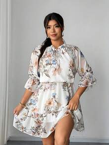 Elenzga Vintage Floral Print Chiffon Dress For Women, Cinched Waist, Ruffle Hem, Plus Size - White - View 6