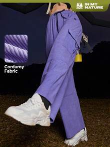In My Nature Letter Graphic Drawstring Waist Corduroy Cargo Pants - Purple - View 7