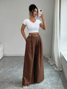 SHEIN Elenzya 春夏新款高腰圓點寬褲，優雅風格適合日常與工作穿著，畢業季、復古音樂節、德比賽、日 - 棕色 - 查看 8