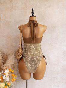 Bellisia Bộ tankini phong cách đi nghỉ mát, phối lưới, trang trí kim loại, cổ yếm thanh lịch kiểu Pháp - Cà phê nâu - Xem 2
