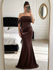 Coutiva Women's Off-Shoulder Pleated Mermaid Formal Evening Gown,Elegant Rhinestone Strapless Backless Dress,Bodycon Pearl Design For Wedding Party Ball - Brown - View 2