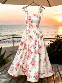 SHEIN Clasi Plus Size Women's Elegant French Rose Print Tie Strap Dress, Summer - White - View 3