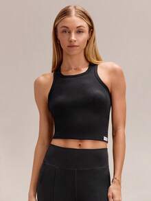 GLOWMODE Ribbed Pima Cotton Crush Mode Waist Length Slim Fit Racerback Tank Top Daily Casual Wear - Black - View 1