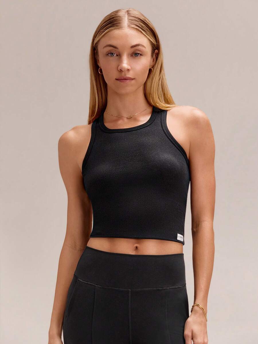 GLOWMODE Ribbed Pima Cotton Crush Mode Waist Length Slim Fit Racerback Tank Top Daily Casual Wear - Black - View 1