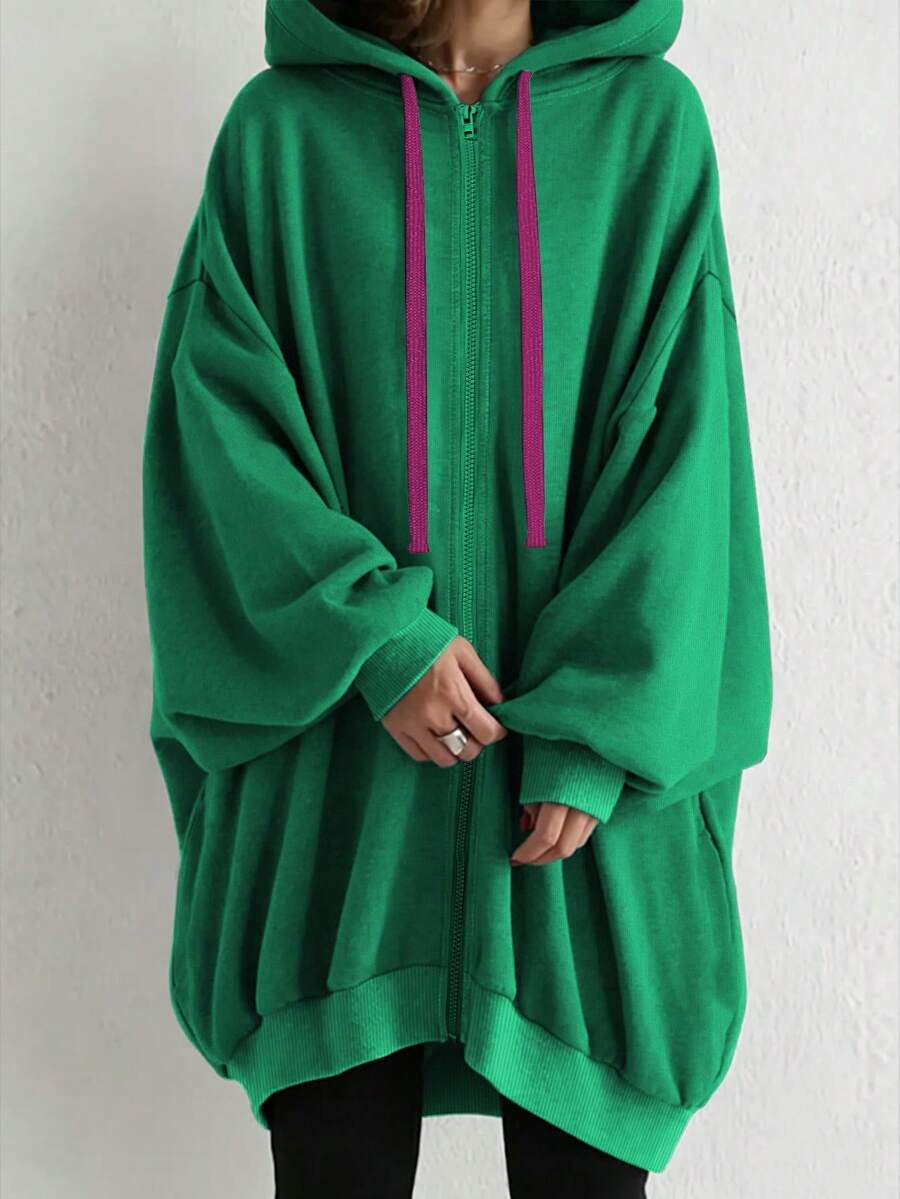 EMERY ROSE 大尺碼連帽拉鍊休閒寬鬆長袖衛衣 冬季 - 綠色 - 查看 1