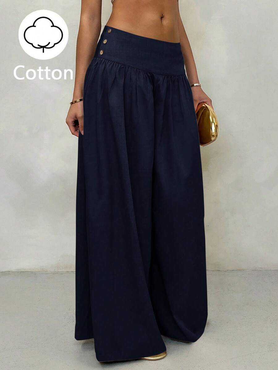 Glamine Pantalones anchos de cintura baja vintage, efecto estilizante, pantalones casuales de algodón puro color café, adecuados para vacaciones, uso casual, verano - Azul Marino - Ver 1
