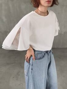 FRIFUL Women's Summer Solid Color Round Neck Short Sleeve Mesh Patchwork Sheer T-Shirt - White - View 7
