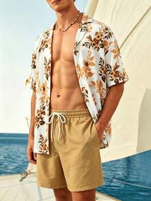 Manfinity VDAYZ Men's Floral Print Short Sleeve Shirt And Shorts Beach Outfit - Khaki - View 6