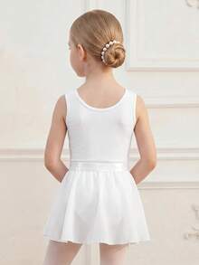 SHEIN Young Girl Simple Solid Color Pleated Bust One-Piece Swimsuit And Bow Waist Skirt Sports Set - White - View 2