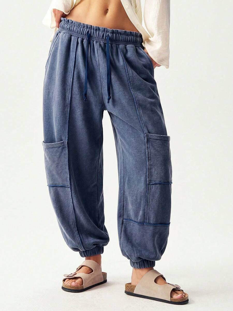 Bohemela Women's Casual Solid Color Knit Loose Drawstring Sweatpants - Royal Blue - View 1