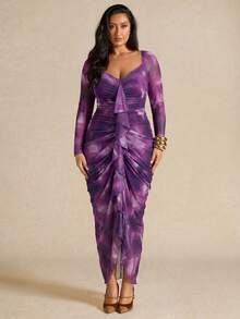 SHEIN BAE Đầm dài tay xếp ly thanh lịch viền bèo nhún, họa tiết chấm bi, dành cho nữ cỡ lớn, thích hợp cho mùa xuân/thu. - Màu tím - Xem 3
