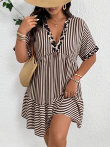 SHEIN Frenchy 大码休闲度假条纹豹纹拼接连衣裙 - 棕色 - 查看 6