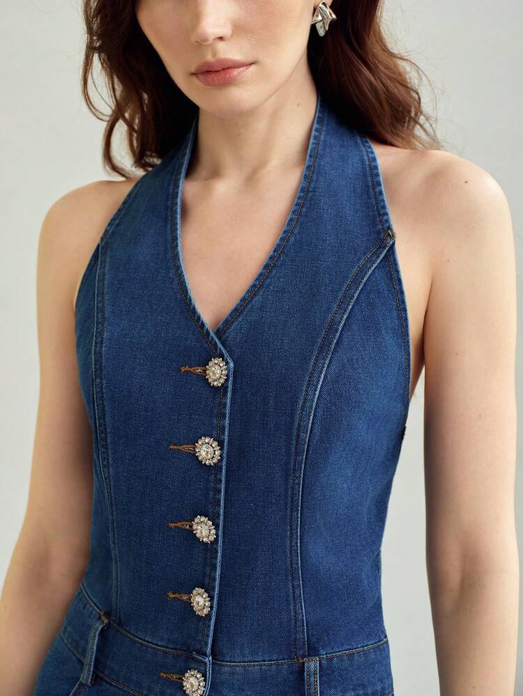 WOMEN'S DENIM TEXTURE MID-LENGTH CASUAL DRESS, SUITABLE FOR DAILY WEAR AND DATES, SPRING/SUMMER