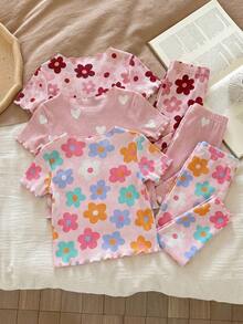 SHEIN LMoss Kids Dozemod 儿童女宝宝可爱卡通熊和花卉印花荷叶边圆领短袖上衣和裤子 6 件套休闲舒适针织睡衣套装 - 彩色 - 查看 3
