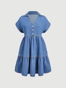 Sweetra Damen Mode Große Größen Lässiges Denim Kleid mit Umlegekragen und Knopfleiste - Mittele Waschung - Übersicht 1