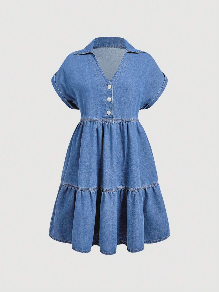 Sweetra Damen Mode Große Größen Lässiges Denim Kleid mit Umlegekragen und Knopfleiste - Mittele Waschung - Übersicht 1