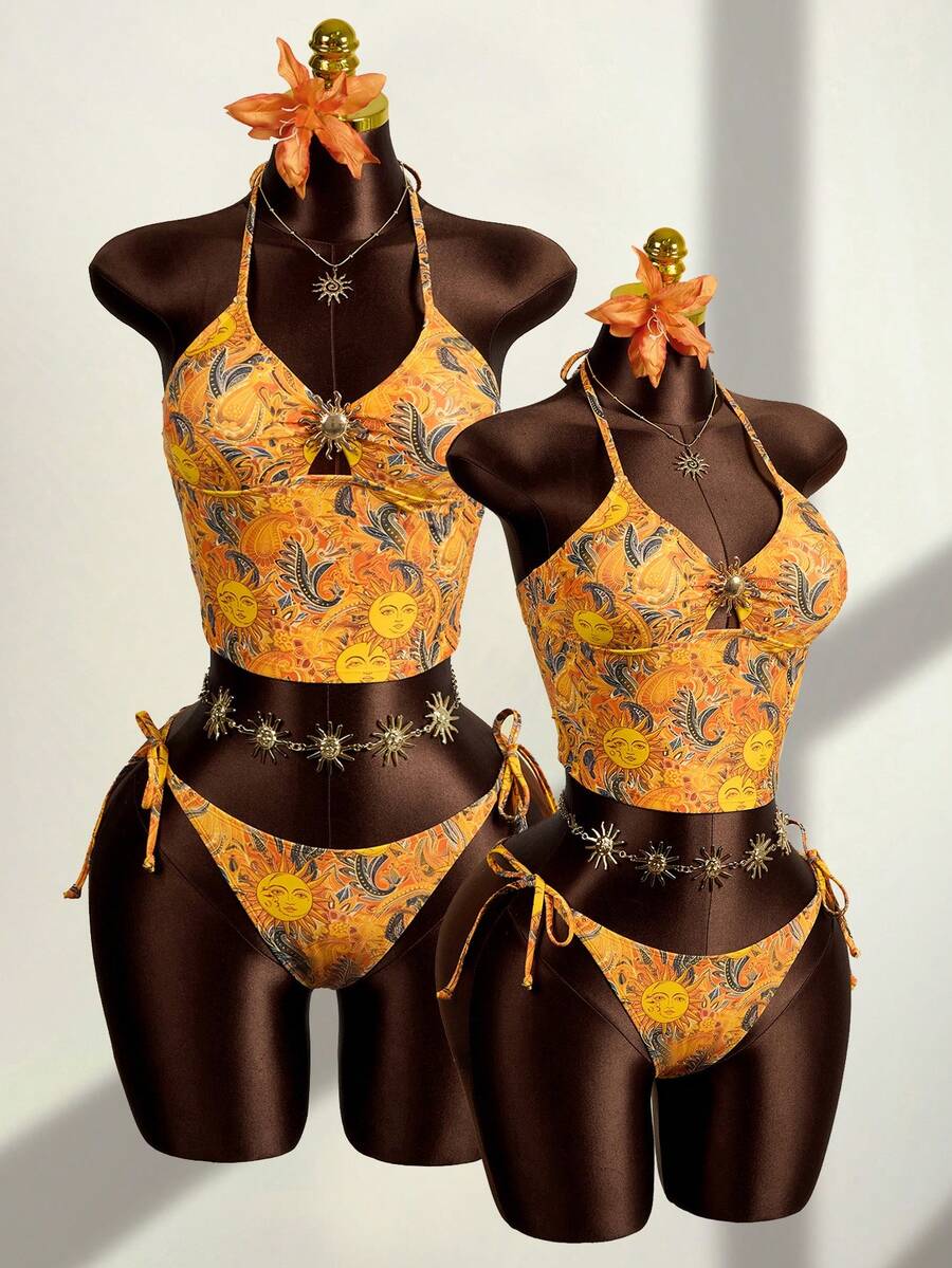 Zestiva Nuevo Conjunto de Traje de Baño Tankini con Estampado de Sol y Control de Abdomen, Bikini Sexy para Vacaciones en la Playa - Multicolor - Ver 1