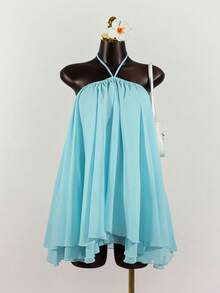 SHEIN PETITE Women's Solid Color Ruffle Hem Halter Mini Dress ,Petite Women - Blue - View 5