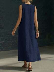Weeklong Plus Size Women's Deep V-Neck Slanted Button Decor A-Line Casual Vacation Dress, Spring/Summer - Navy Blue - View 2
