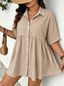 Lounesse Plus Size Women Striped Short Sleeve Single-Breasted Ruffle Hem Blouse - Multicolor - View 5