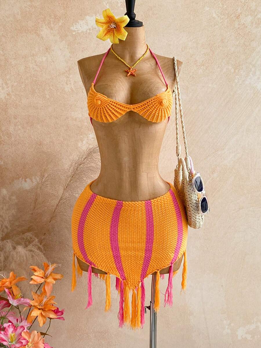 Soleia 2pcs Women Casual Boho Sexy Outdoor Elegant Sweater Set, Spring/Summer Beach Vacation Orange Orange And Pink - Orange - View 1