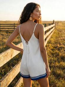 CAJUNI Women's Floral Print Jumpsuit Vacation Beach White Summer Tropical - Blue and White - View 2