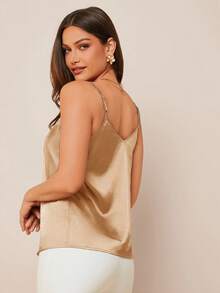 Amorya Women's Elegant Sexy Satin Champagne Gold Camisole With Lace Trim, Versatile For Spring/Summer Wear Or As Layering Piece In Autumn/Winter, Night Out - Coral Orange - View 2