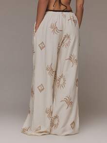 MUSERA Linen Look Drawstring Wide Leg Trousers Embroidered Beachwear Vacation Holiday Bohemian Summer Airport 4th July Spring Casual - Cream - View 4