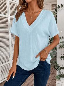 SHEIN LUNE Kaos Kasual Polos Lengan Kelelawar, Serbaguna untuk Musim Panas Sehari-hari, Biru Muda - Baby Blue - View 3